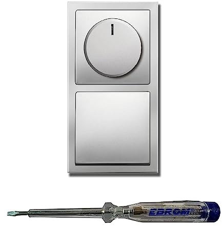 Busch Jäger 6523U-102 LED Drehdimmer Dimmer + Dimmerscheibe 6540-866-102 und Lichtschalter 2000/6 US und 1786-866 in PUR EDELSTAHL inklusive EBROM Phasenprüfer zur Montage der Geräte (6523 U – 102)