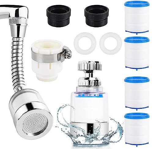 Lot de 2 Filtres de Robinet 360 ° Pivotant Filtre eau Robinet, Universel Filtre Anti Calcaire Robinet avec 4 éléments filtrants en Coton Filtre à eau Robinet pour Cuisine Salle de Bain (A)