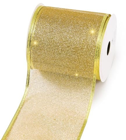 PAPER FAIR 1 Roll 4 Inch Wide 10 Yd Gold Glitter Wired Ribbon, Metallic Gold Mesh Wired Edge Ribbon for Christmas Tree Décor, Gift Wrapping Box, Bows, Wreath, Garland, DIY Craft