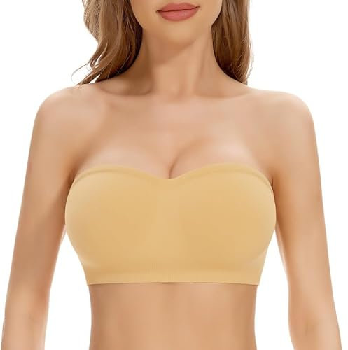 Jiuday Bandeau BH ohne Träger mit Transparente Träger Damen Trägerloser BH mit Rutschfester Silikon (181-Beige,L)