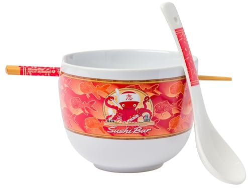 Silver Buffalo Disney Pixar Monsters Inc Harryhausens Octopus Chef Sushi-Bar Keramik Ramen Nudel Reisschale mit Essstäbchen und Löffel, mikrowellengeeignet, 590 ml