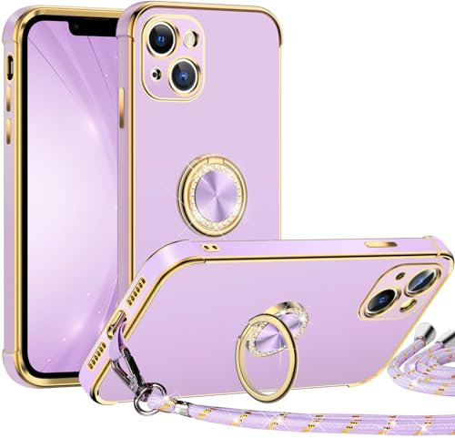 Silverback für iPhone 14 Hülle mit Band, [Miss Arts] Ring Ständer Handyhülle Handykette Frauen Mädchen Dünn Stoßfeste Schutzhülle für iPhone 14 Case Lila