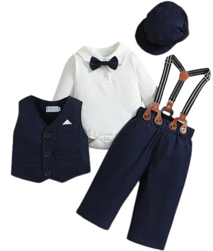Odizli Baby Anzug Junge Taufanzug Langarm Strampler Body+Hosentr�ger Hose+Weste+Fliege+M�tze 5tlg Bekleidungssets Hochzeit Festlich Babykleidung Taufbekleidung Fotoshooting Dunkelblau 12-18 Monate