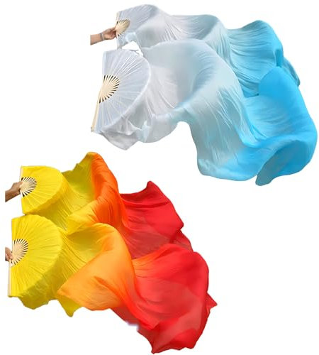 Suprwin Belly Dance Faux Silk Fans, Cheerleading Training Gifts for Dancers, Chinese Dance Fan Veil, Belly Dance Fans Silk, Dance Church Worship Flags, Gifts for Dancers (Blue & Orange)