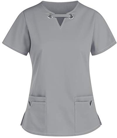 Pflege Kleidung Damen Oberteile Sommer Elegant Kurzarm V-Ausschnitt Berufskleidung mit Zwei Taschen Baggy Bequeme Arbeitskleidung Pflege Schlupfjacke Kostüm Tops Pfleger T-Shirt