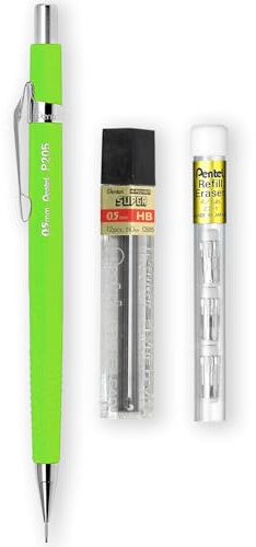 Pentel P205-97C Porte-mine automatique – Gamme fluorescente – Simple + 12 mines HB 0,5 mm Hi-Polymer + Tube de 4 recharges pour gomme Z2-1N (vert fluo)