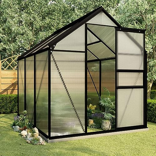 IKAYAA Gewächshaus Aluminium Mit Fundament 190 x 190 x 132/202 cm Gartenhaus Winterfest Gewächshaus Glas Glashaus Garten Tomatenhaus Frühbeet und Pflanzenhaus