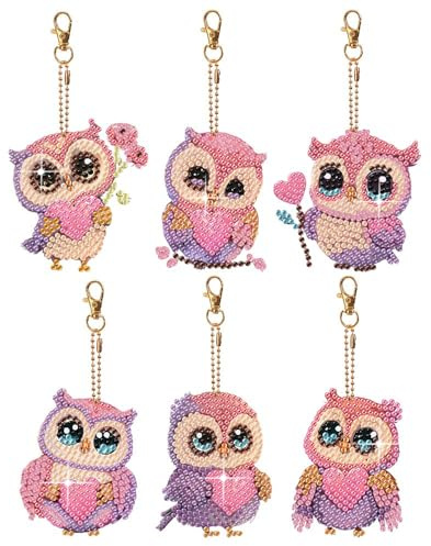 LFSX0828 6er Set DIY Diamant Malerei Schlüsselanhänger - Doppelseitige 5D Diamond Painting Keychains, Voll besetzt mit funkelnden Steinen, Deko für Handtasche & Rucksack (Eule)