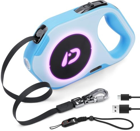 DAISTERN von BSWAY Hundeleine mit LED Licht 5m Ausziehbar, Wiederaufladbar über USB‑C, Einhand-Bremse, Anti-Verheddern für kleine & große Hunde bis 40KG