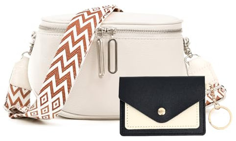 JinDouer Kleine Moderne Umhängetasche Damen mit 3 Fächern, Bauchtasche Echt Leder mit Elegante Breitem Gurt, Crossbody Bag Klein, Münzbörsen für Senden (Weiß)
