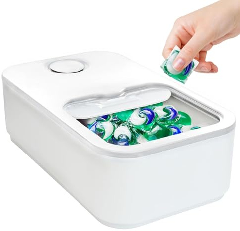 Accmuzzy Waschmittel Pods Aufbewahrung für 100 Stück | Schiebedeckel-Design mit Messbecher | Organizer für Waschküche und Badezimmer | Weiß