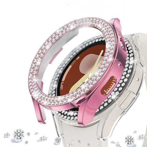 DEALELE [Confezione da 2] Custodia compatibile con Samsung Galaxy Watch 7 40 mm, custodia protettiva in policarbonato a doppia fila con strass, 40 mm, rosa + trasparente