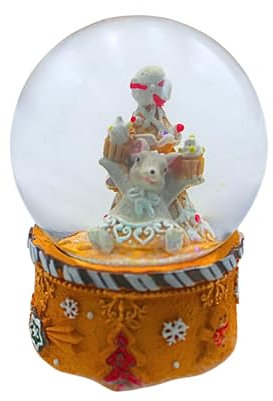 Boule à neige en verre de Noël, boule à neige en forme de souris avec de délicieuses tartelettes et socle en pain d'épices avec de nombreux petits détails marron, dimensions (H x l x P) : environ 9 x