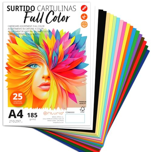 OFITURIA Bunte Kartons A4, Farbige Blätter A4 für Basteln, Bildung, Zuhause, Kunst oder Büro, 25 Blätter, Vollfarbsortiment