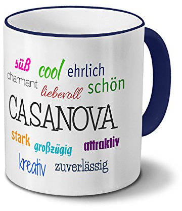 printplanet Tasse mit Namen Casanova - Motiv Positive Eigenschaften - Namenstasse, Kaffeebecher, Mug, Becher, Kaffeetasse - Farbe Blau