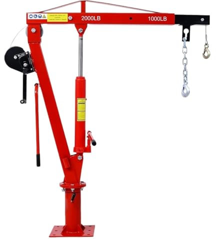Argano elettrico Gru pieghevole per camion da 2000 libbre con argano idraulico, gru montata su gru a bandiera per carichi pesanti con gru a bandiera per paranco motore montacarichi da balcone(Red)