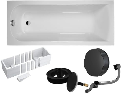 VBChome Badewanne 170x70 cm Weiß Acryl SET – Rechteckwanne mit Styroporträger Schwarz Siphon und Ablaufgarnitur in Schwarz Modernes Design Einfache Montage