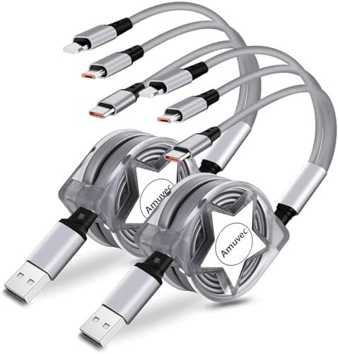 Amuvec Cable Cargador Múltiple Retráctil [3A 1.2M 2Pack], 3 en 1 Cable Cargador de Carga Rápida 3A con Conectores iP Tipo C Micro USB, para Samsung Galaxy, LG, Huawei, Moto, Xiaomi, Sony, PS4, Tab-1M