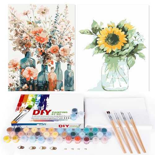 EFOTIML Paint by Numbers Kit for Adults Beginners & Kids Ages 8-12,2 Pack 16x20 inches Canvas for Painting Kits for Adults in Colorful Box(Without Frame)-Sunflower and White Flower(2PCS)