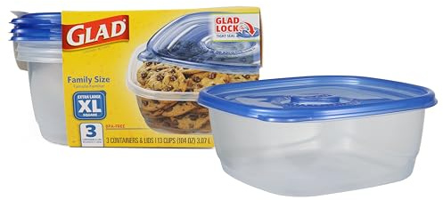 Glad GladWare XL Square Food Storage Containers with Lock Tight Lids, BPA-Free Family Size Plastic Containers for Leftovers, Meal Prep, and Freezer Storage, Dishwasher Safe, 104 Oz, 3 Count