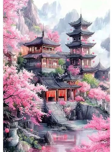NEWENMO 5D Bâtiments en Chine Diamond Painting Set,DIY Fleurs de Cerisier Peinture Diamant Adulte,Bricolage Diamond Art Kit,Romantique Diamant Painting,pour Adulte Débutant Maison Décor (30x40cm)