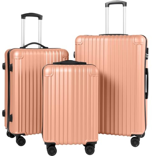 ABISTAB Reisekoffer Set 3-teilig – Koffer mit TSA-Schloss, 360° Doppelrollen, Hartschalenkoffer, Trolley Handgepäck & Rollkoffer für Urlaub & Geschäftsreise,Rosenrosa