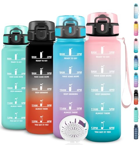 Botella Agua 1 Litro, Botella Agua Gimnasio con Filtro, Cantimplora Infantil Reutilizable, Marca de Tiempo, Cantimplora con Marca de Tiempo, para la Escuela, Oficina, Deportes, Deportes, Gym, Oficina