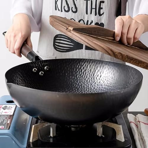 Enjoy with Love Sartén de hierro fundido Pure Iron Wok olla sin revestimiento, uso general para cocina de gas e inducción, sartén de 32 cm
