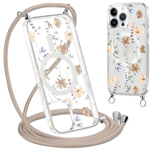 Krdvekm Funda con Cuerda para iPhone 14 Pro MAX 6,7'', Aesthetic Flore Diseño Dibujos Magnética Transparente PC Compatible con MagSafe Carcasa con Cordón Colgante Collar Protector Choque Case, Marrón