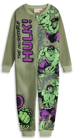 Marvel The Incredible Hulk Boys Green Onesie | Long Sleeve Zip-Up Microfleece Sleepwear & Loungewear | Comic Character Nightwear with 'THE INCREDIBLE HULK!' Print Merch