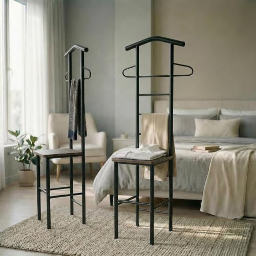 Herrendiener JIVO 2er Set, schwarz/braun – stummer diener mit ablage aus Metall und MDF, kleiderständer modern für Schlafzimmer, stabiler kleiderbutler, hosenständer, stiller diener, platzsparend