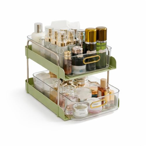 AWOI 10.2 (26cm) Compact 2-Tier Slide-Out Storage Drawers, Skincare & Makeup Vanity Organiser, Aesthetic Avocado Green Clear Desktop Trays for Bathroom Counter & Dressing Table
