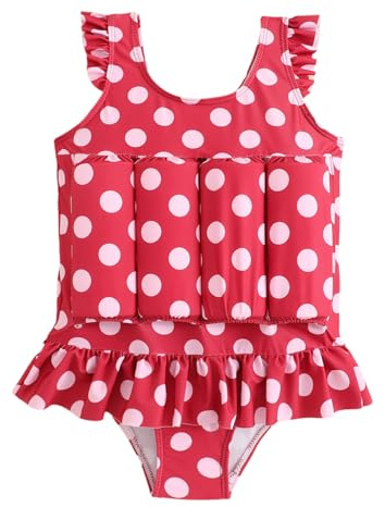 Toddler Floatation Swimsuit Girls, One Piece Float Suit with Built-in Floats, Cute Ruffle Sleeve Floating Swim Suit, UPF 50+ Floatie Bathing Suit, Red Dots 3-4 T