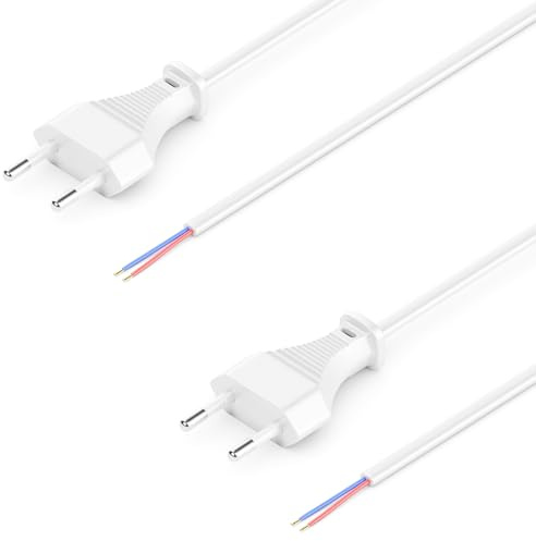 deleyCON 2m Euro-Netzkabel offenes Kabelende Typ C, 2 Stück - Weiß | Stromkabel, Ersatzkabel, Anschlusskabel, Zuleitung mit flachem Euro Stecker, für Leuchten, Lampen und Leuchtmittel