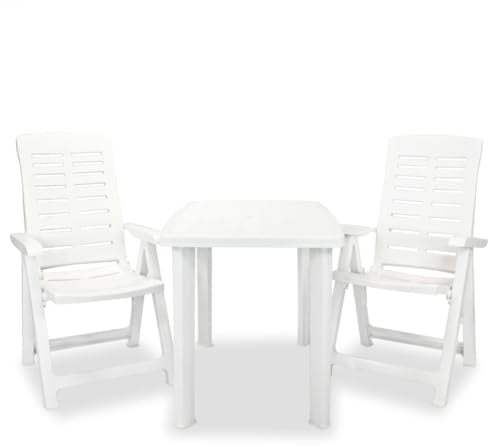 JHQHSM Lot de 3 meubles de bistrot en plastique blanc résistant aux intempéries avec table et 2 chaises pliantes pour jardin, terrasse et camping, dossier réglable, trou pour parasol