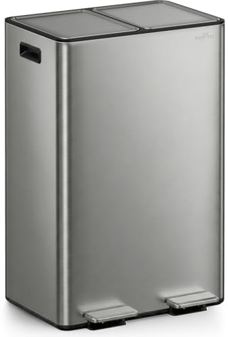 mVm Poubelle de Cuisine,2 x 30 Litres,2 Seaux Amovibles,Acier Inoxydable,2 Compartiments, Poubelle Recyclage Rectangulaire à Pédales, Couvercle à Fermeture Douce, Hermétique,Gris