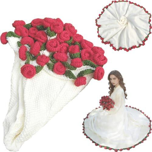 Fertige Gehäkelte Rosenstrauß Blumendecke, Handgefertigte Crochet Bouquet Sofadecke, Romantische Rosendecke, Flower Blanket Blumenstrauß für Hochzeit, Geburtstag, Muttertag (REDROSEONWHITE, 110cm)