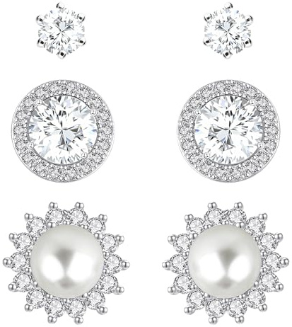 LÖB 750 Weißgold vergoldet Ohrstecker Ohrringe Set Perlen Zirkonia Silber Damen Rund Klein Blume Solitär Glitzer Steine Schmuckset Brautschmuck Weiß