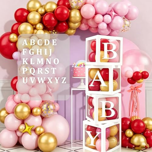 4 cajas de globos con 30 letras (BABY+A-Z), caja de bebé personalizada para decoración de baby shower, caja de revelación de género con cajas de globos blancos y globos de letras para fiesta de