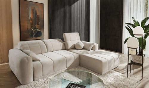 IM SOFA Modernes Ecksofa Ravello I mit Schlaffunktion & Bettkasten, verstellbare Kopfstützen und Rückenlehnen, Wohnzimmer Couch (Beige, Rechts)