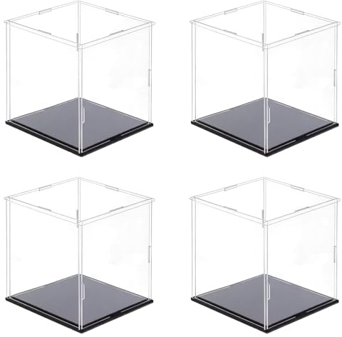 Pilikoll 4 Stück 15x15x15cm Acryl Vitrine Schaukasten mit Schwarz Boden | für Figuren Modelle Sammlerstücke, Schaukasten Acryl mit Staubschutz, Klein Acrylvitrine Schaukasten Transparent