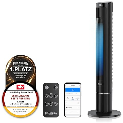 Brandson - DC Turmventilator Wlan ECO GREEN - APP Steuerung per Smart Life - Sieger Ventilatoren und Luftkühler 2026 - DC Motor energiesparend - sehr leise – Oszillation – 12 Stufen - Fernbedienung