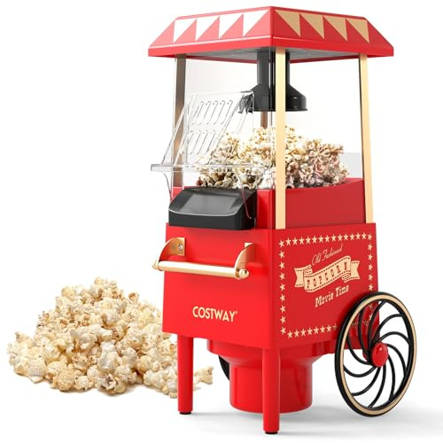 COSTWAY Popcorn Maker, 1200W Hot Air Popcorn Machine with Measuring Cup, 12 Cups, Oil-Free, One-Touch, Homemade Fresh Popcorn in Under 2 Minutes, Healthy Snack Popcorn Popper for Movie Nights Parties