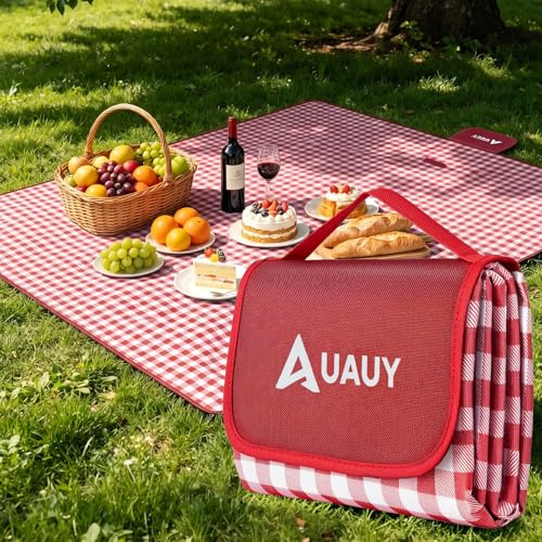 AUAUY Picknickdecke mit Griff, Wasserdicht, 200x200cm, Rot | Faltbar Stranddecke, Waschbar Sandfeste Isolierend Leichtgewicht Picknick-Matte für Outdoor, Camping, Strand, Park, Wandern