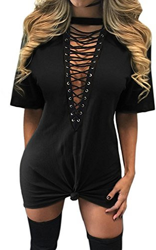 Summer T Shirt Dress, 365-Shopping Women's Short Sleeve Blouse Tops Sexy Deep V Neck Lace Up Mini Dress, 12, Black