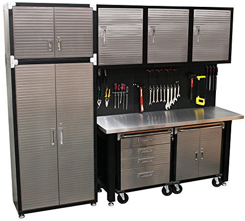 Stainless Steel Workbench, Steel Upright Cabinet and Overhead Hanging Wall Cabinets