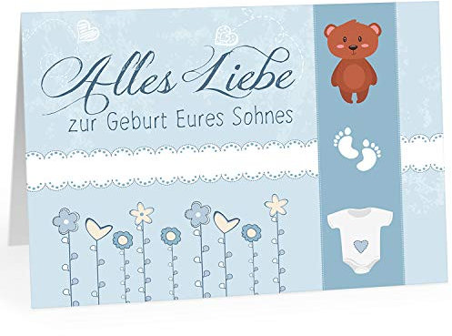 Große Design Glückwunsch-Karte XXL (A4) zur Geburt, Motiv: Alles Liebe zur Geburt Blaue Illustrationen/mit Umschlag/Edle Klappkarte/Maxi Gruß-Karte/Baby geboren/Gratulation Eltern