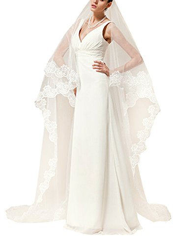FakeFace 5 Meter Lange Kathedrale Brautschleier Stickerei Braut Hochzeit Schleier Tüll Spitze Kante Brautkleid Schärpe Deko, Einheitsgröße, Elfenbein-5m