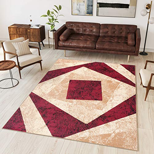 TAPISO Dream Tapis de Salon Chambre Salle à Manger Adulte Bureau Design Moderne Beige Crème Rouge Géométrique Motif Carreaux Poil Court Fin Doux Léger Résistant 250 x 350 cm