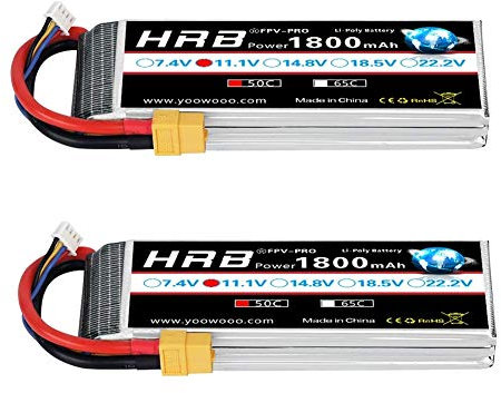 HRB 2 Packs 11.1V 1800mAh 3S 50C LiPo Batterie avec Prise XT60 pour Skylark Mini Shredder 200 INDY250 Plus Mojo 280 QAV250 Vortex Emax Nighthawk 250 RC Hélicoptère UAV Drone FPV